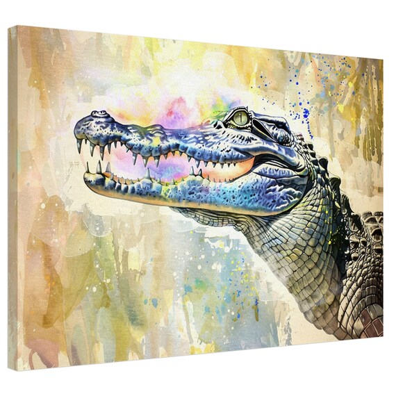 Alligator Watercolour Portrait Neon Smile Golden Wash Animal Art Poster