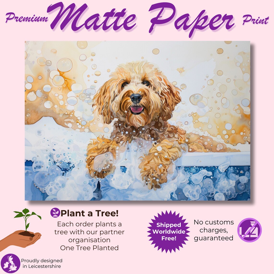 Cute Cockapoo Puppy Bubble Bath Watercolour Golden Dog Art Poster - Image 3