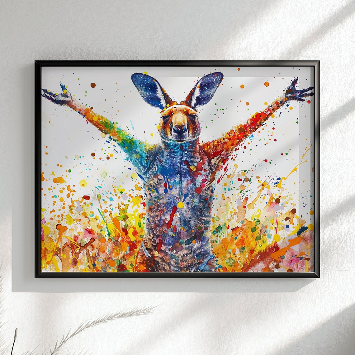Celebrating Kangaroo Arms Raised Paint Splash Colorful Wall Poster