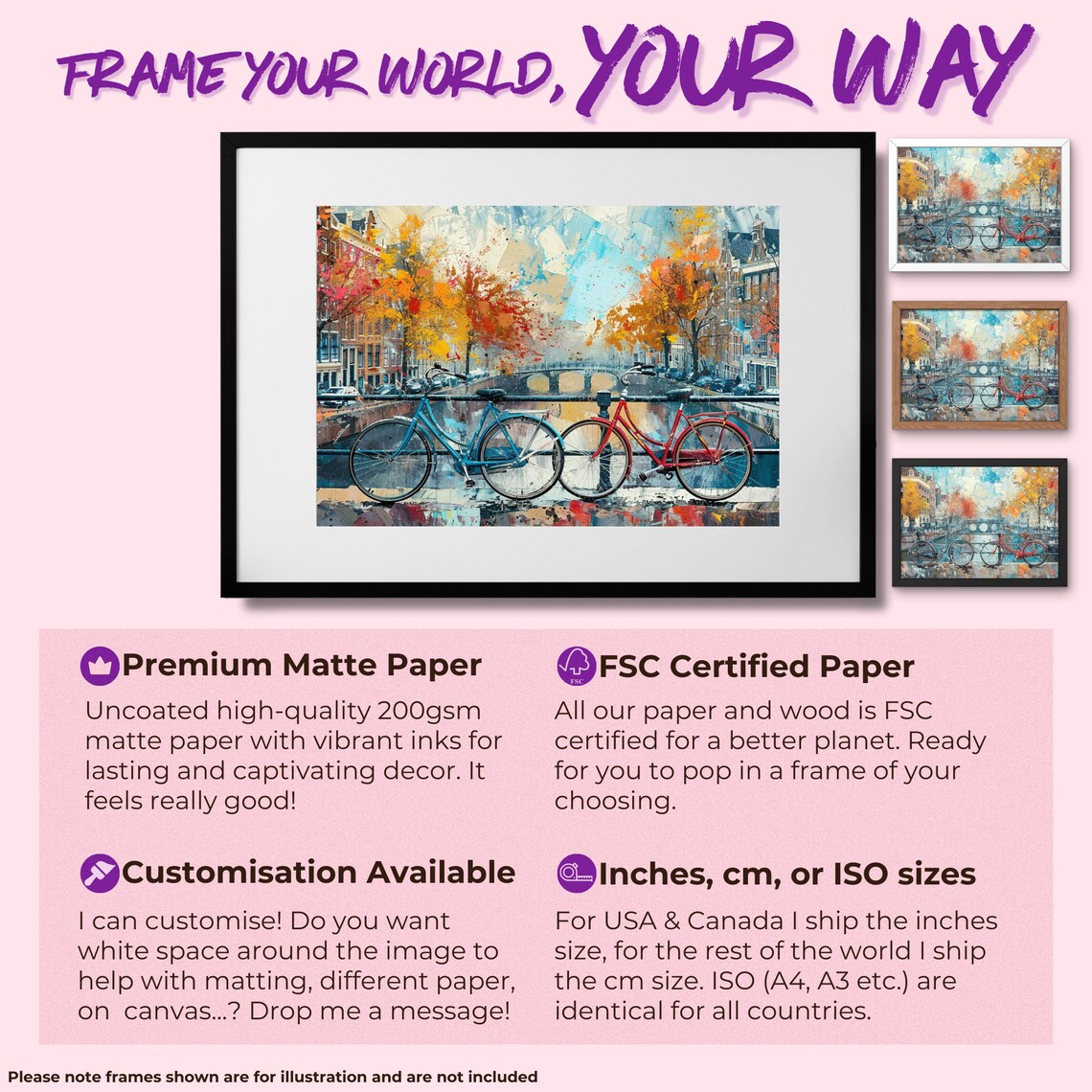 Two Bicycles on Canal Bridge Autumn City Watercolor Art Poster - Image 2