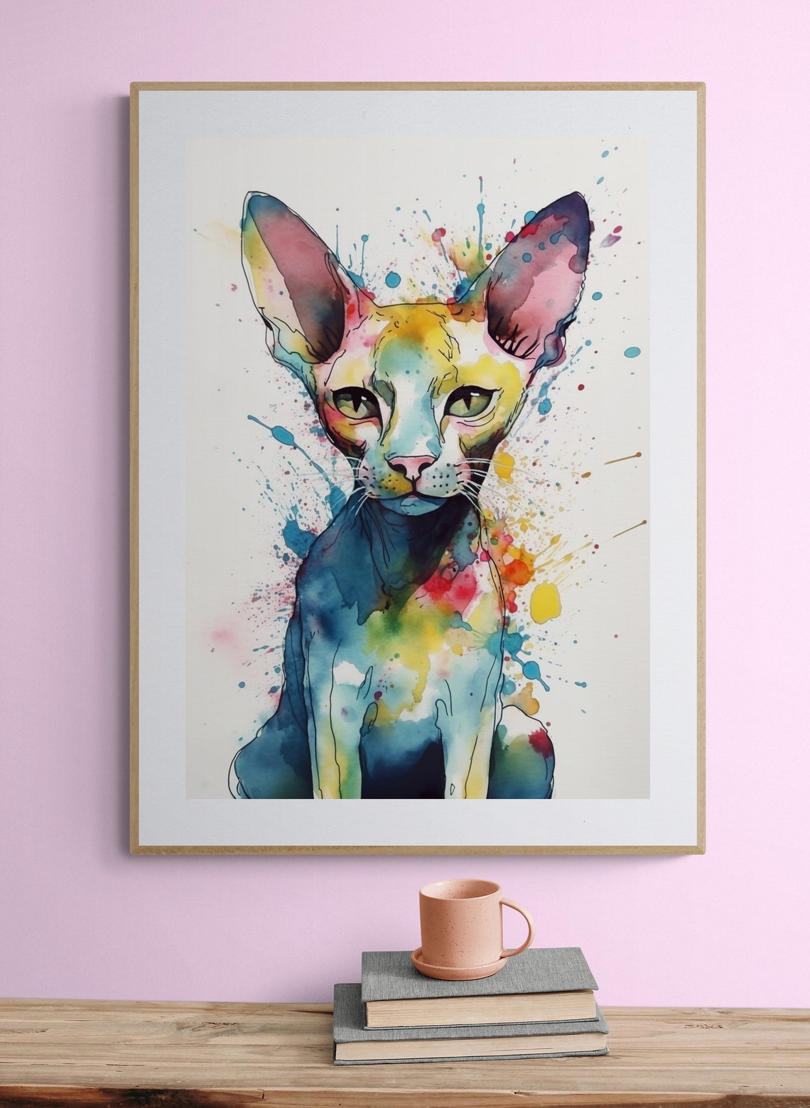 Sphynx Cat Watercolor Portrait With Colorful Paint Splash Art Poster - Image 3