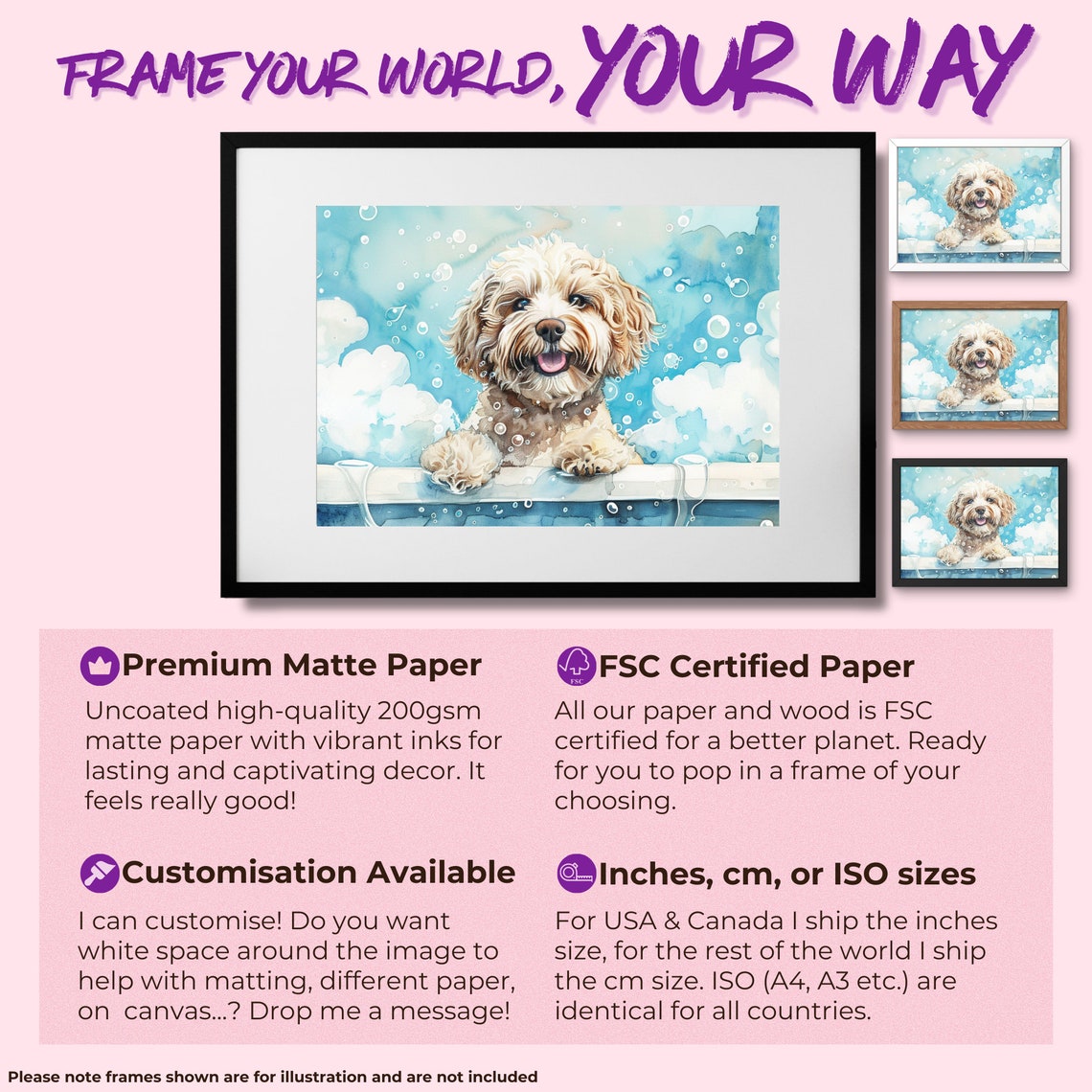 White Cockapoo Puppy Bubble Bath Blue Watercolour Dog Art Poster - Image 2