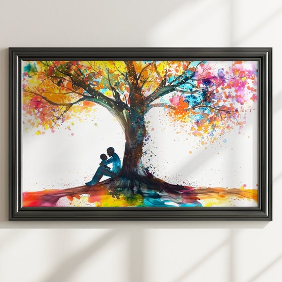 Tree Of Life Father Son Poster Print Dad Child Memory Wall Decor Gifts For Fathers Day Birthday Watercolour Paint Splash Painting