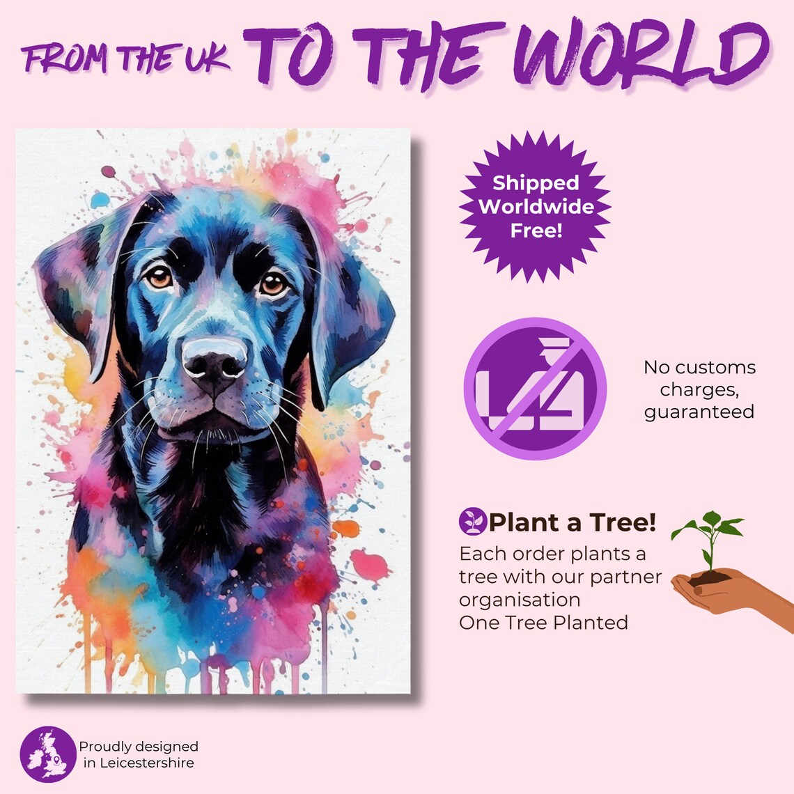 Watercolour Black Labrador Print, Colourful Splatter - Image 2