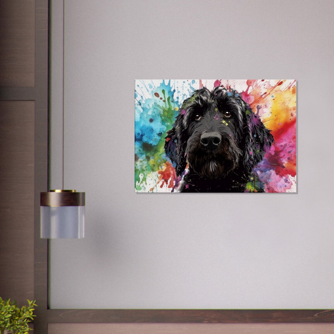 Black Doodle Dog Face Colorful Watercolor Splash Canvas Art Poster - Image 2
