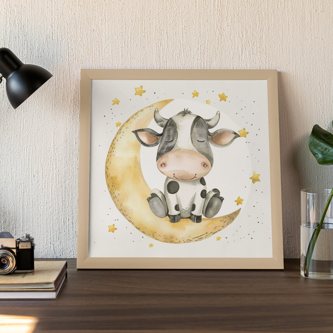 Cute Spotted Cow Sitting on Crescent Moon Watercolor Nursery Poster - Image 3