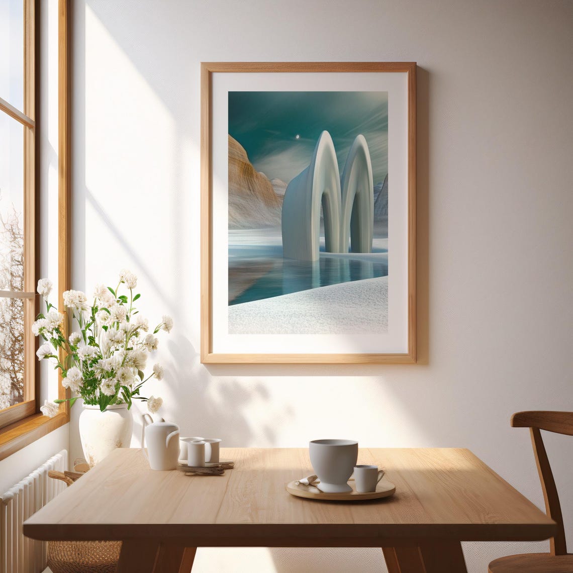 White Arches By The Sea Surreal Teal Sky Abstract Art Poster