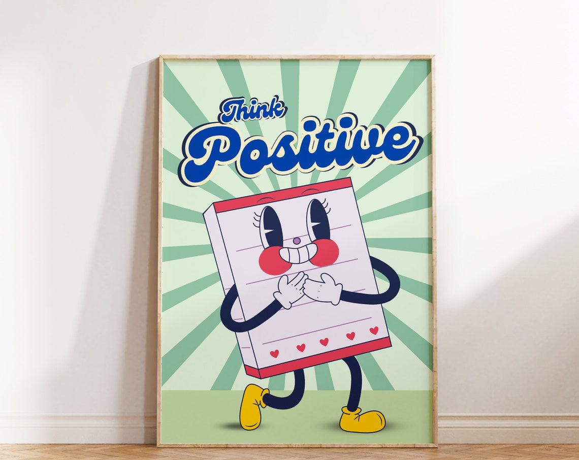 Think Positive Happy Notepad Character Retro Quote Art Poster