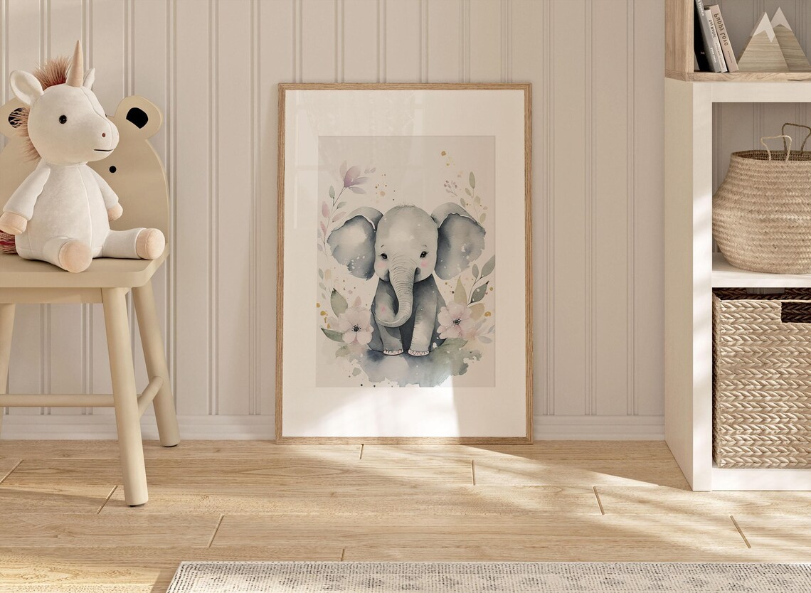 Baby Elephant Watercolor Nursery Portrait With Pink Flowers Poster - Image 2