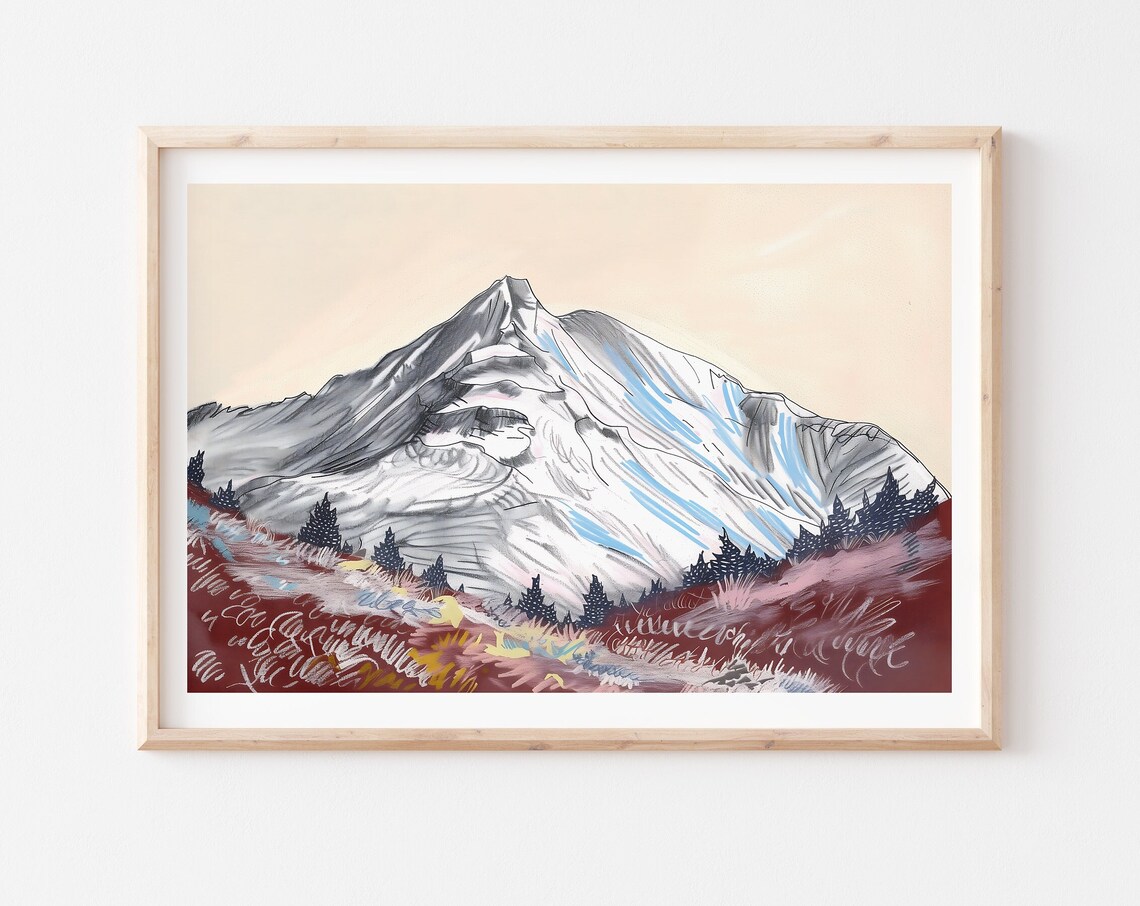 Snow Capped Mountain Peak Alpine Sketch Style Landscape Poster