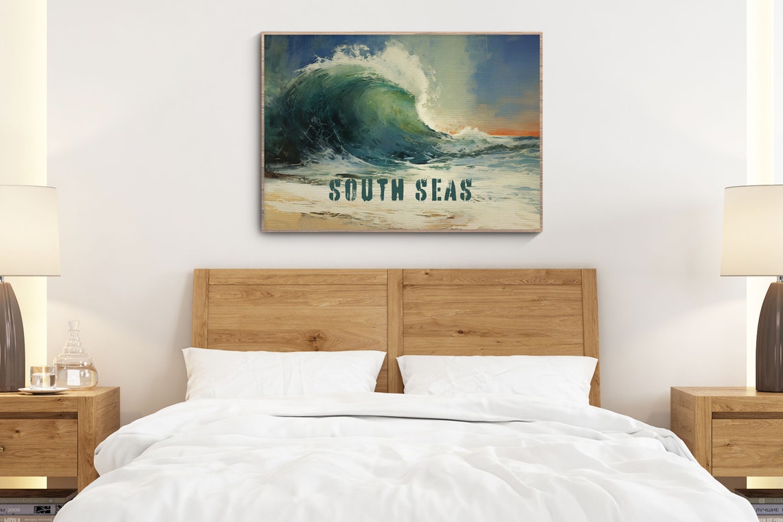 South Seas Surf Wave Vintage Beach Coastal Summer Sunset Wall Art - Image 2