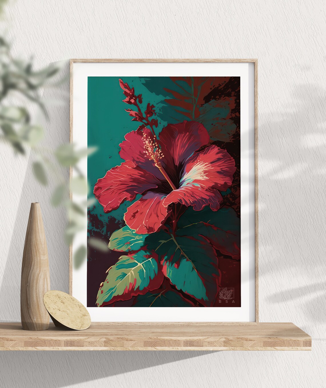 Red Hibiscus Tropical Flower Bloom Teal Botanical Art Poster