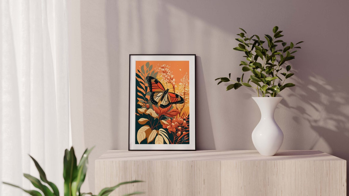 Monarch Butterfly Among Orange Flowers Poster Autumn Botanical Decor - Image 2
