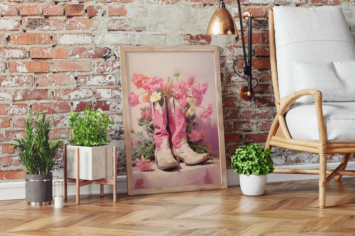 Pink And Cream Cowboy Boots With Soft Pink Wildflowers Poster - Image 3