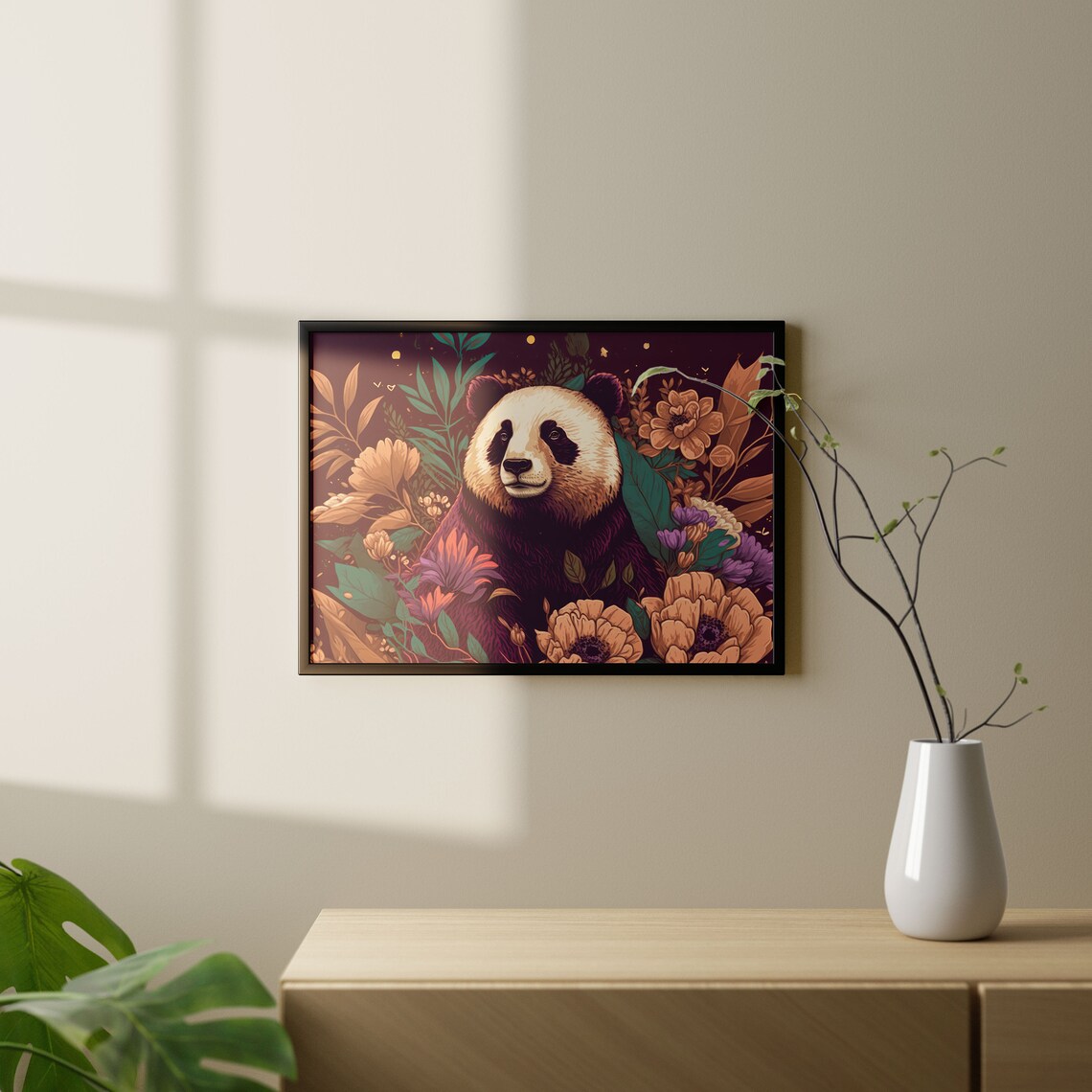 Giant Panda Amid Golden Florals Modern Botanical Illustration Poster - Image 3