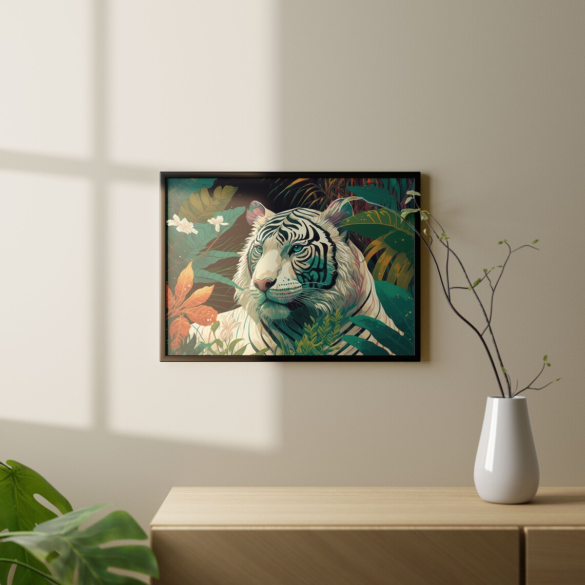 White Tiger Lush Jungle Foliage Modern Tropical Wildlife Poster - Image 3