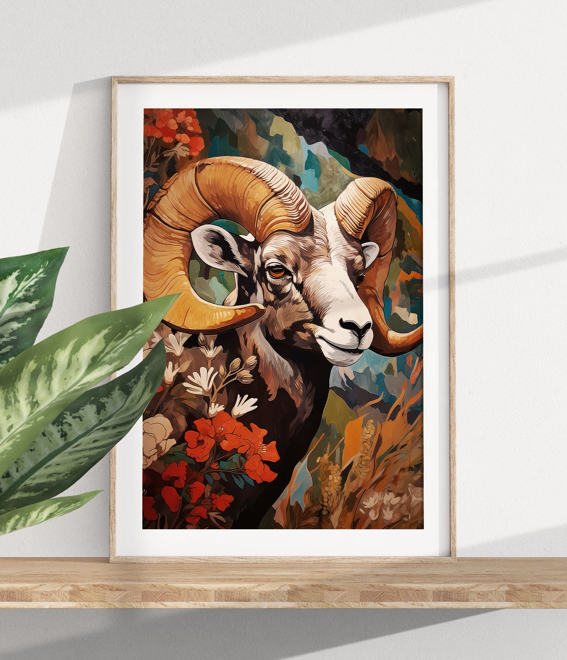 Bighorn Sheep Ram With Curled Horns Wildflower Mountain Poster - Image 2