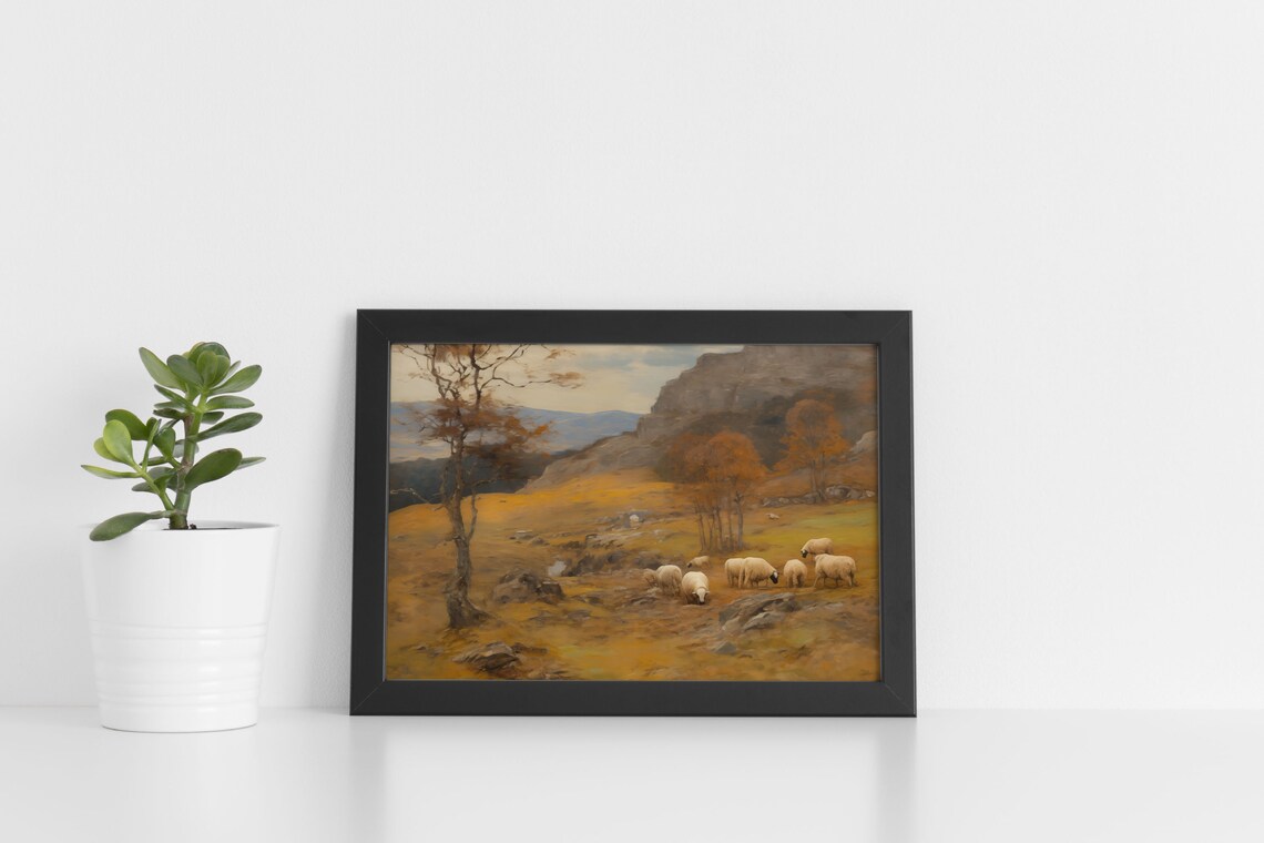 Sheep Grazing Autumn Hillside Rocky Mountain Vintage Pastoral Wall Art - Image 2