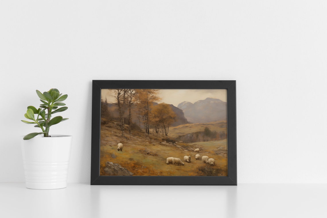 Sheep On Autumn Moor Misty Mountains Moody Vintage Scenic Wall Art - Image 3
