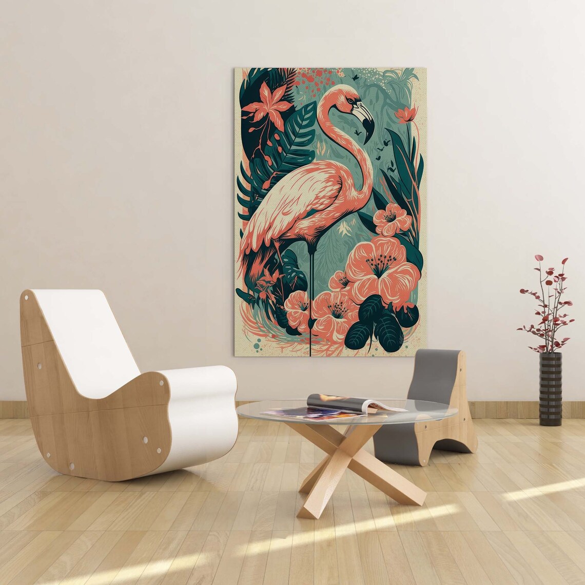 Pink Flamingo Flower Print, Tropical Coastal Bird Art Print - Image 2