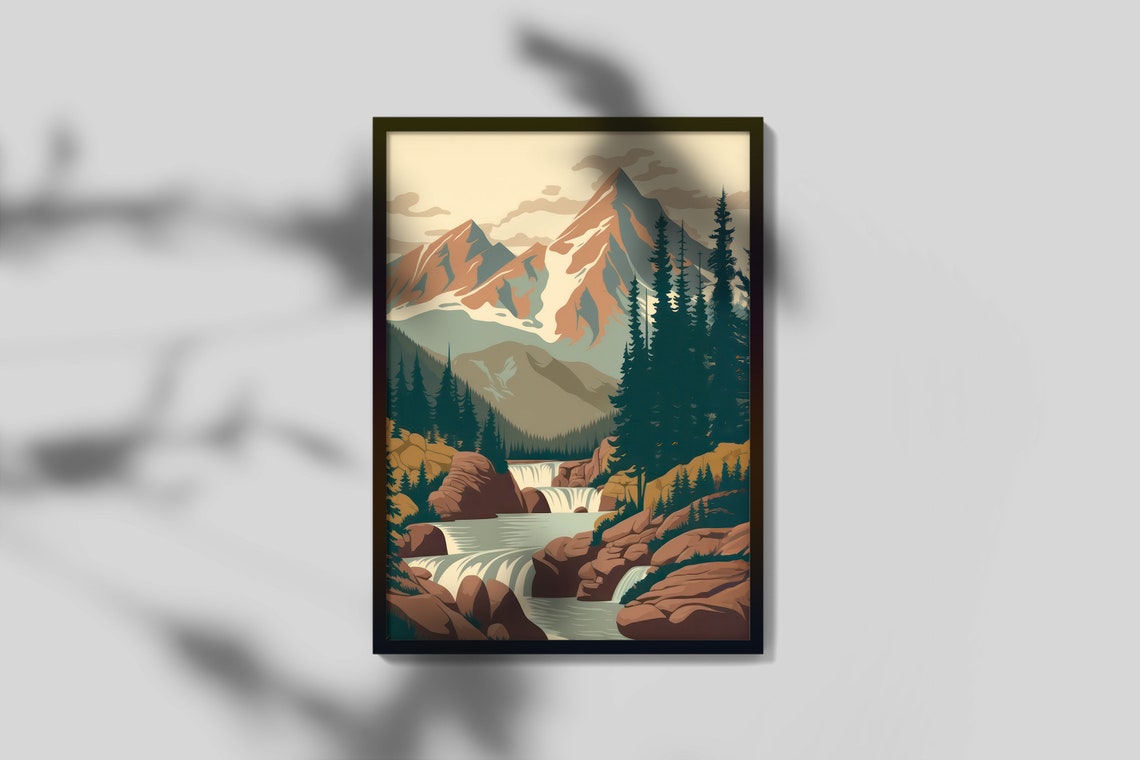 Mountain Waterfall Retro Cascading Falls Pines Vintage Scene Wall Art - Image 3