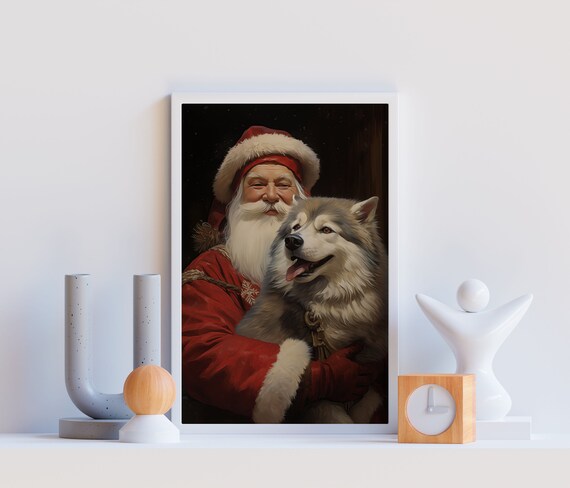 Santa Claus Hugging Fluffy Husky Dog Christmas Portrait Cute Wall Art