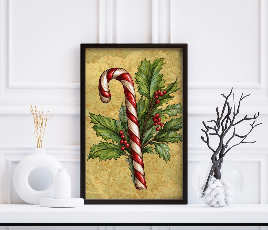 Candy Cane And Holly Berries Beige Snowflake Christmas Sweet Wall Art - Image 3