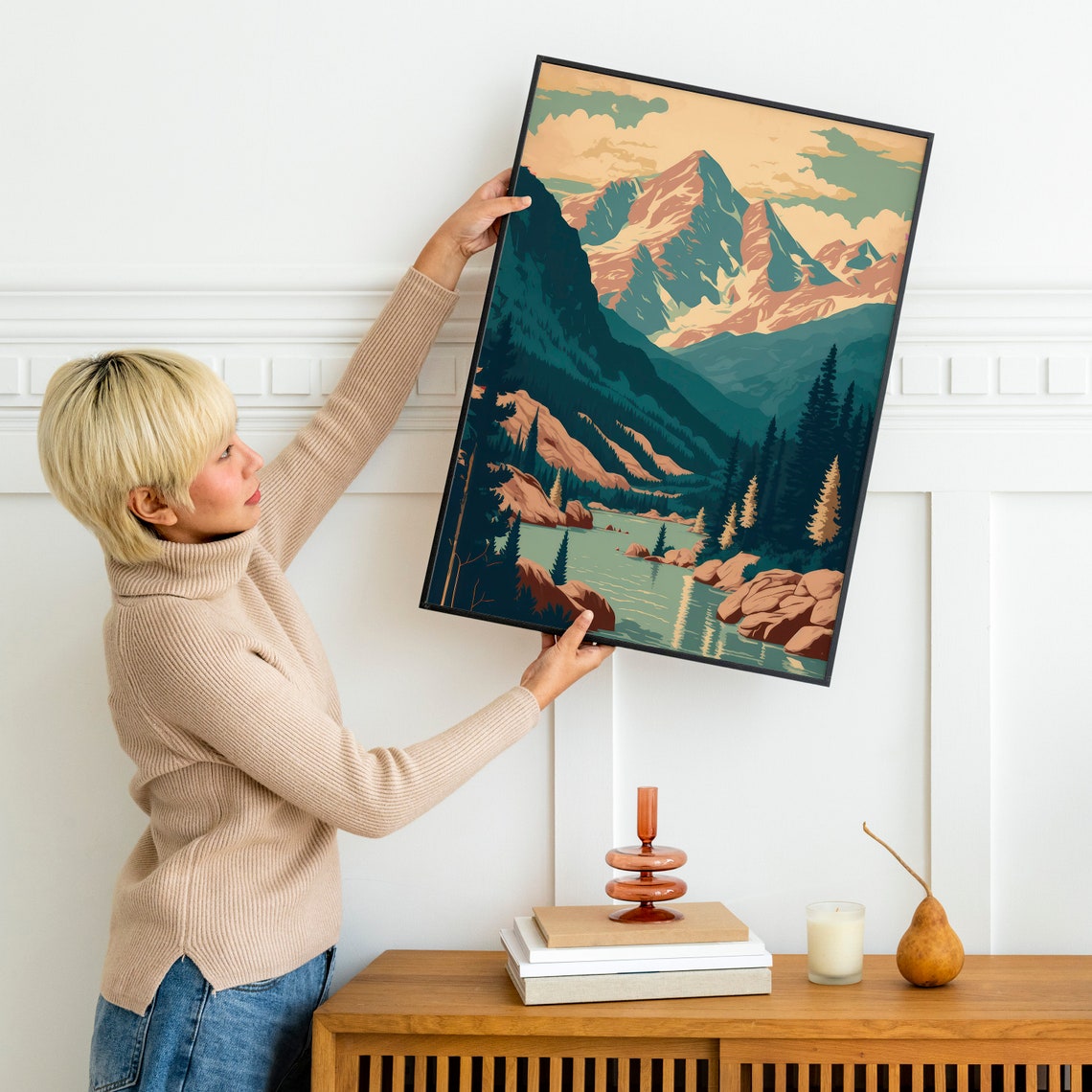 Pastel Mountain River Vintage Travel Style Scenic Landscape Wall Art - Image 2