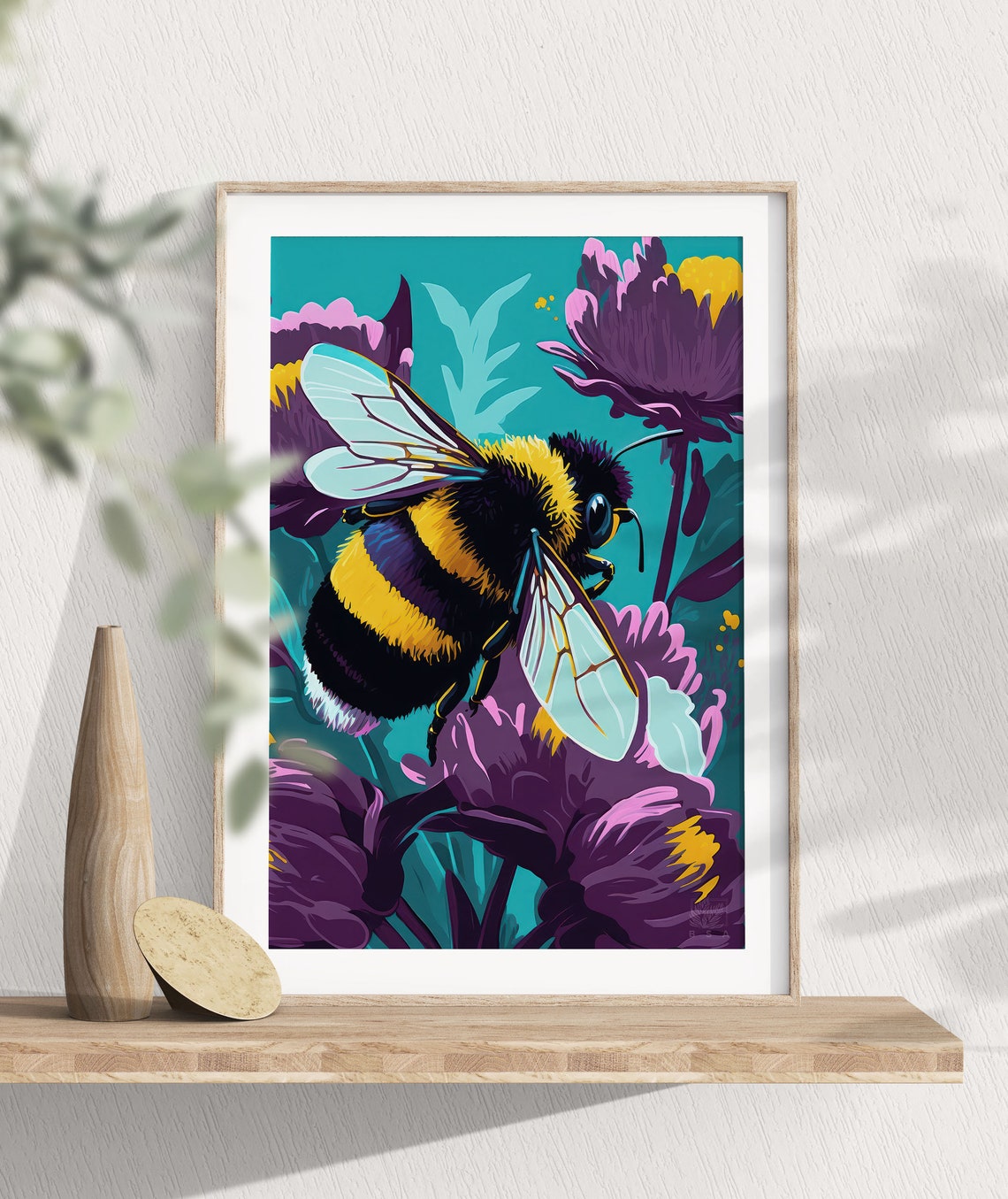 Bumblebee With Purple Flowers Bold Teal Botanical Art Poster - Image 3