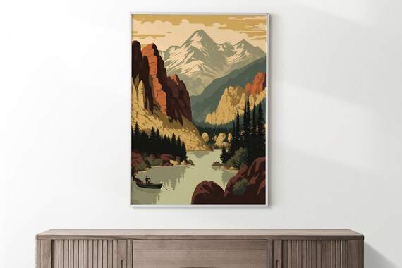 Retro Mountain Lake Canoe Red Cliffs Vintage Fishing Scene Wall Art