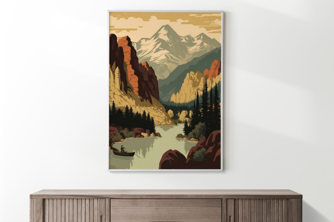 Retro Mountain Lake Canoe Red Cliffs Vintage Fishing Scene Wall Art
