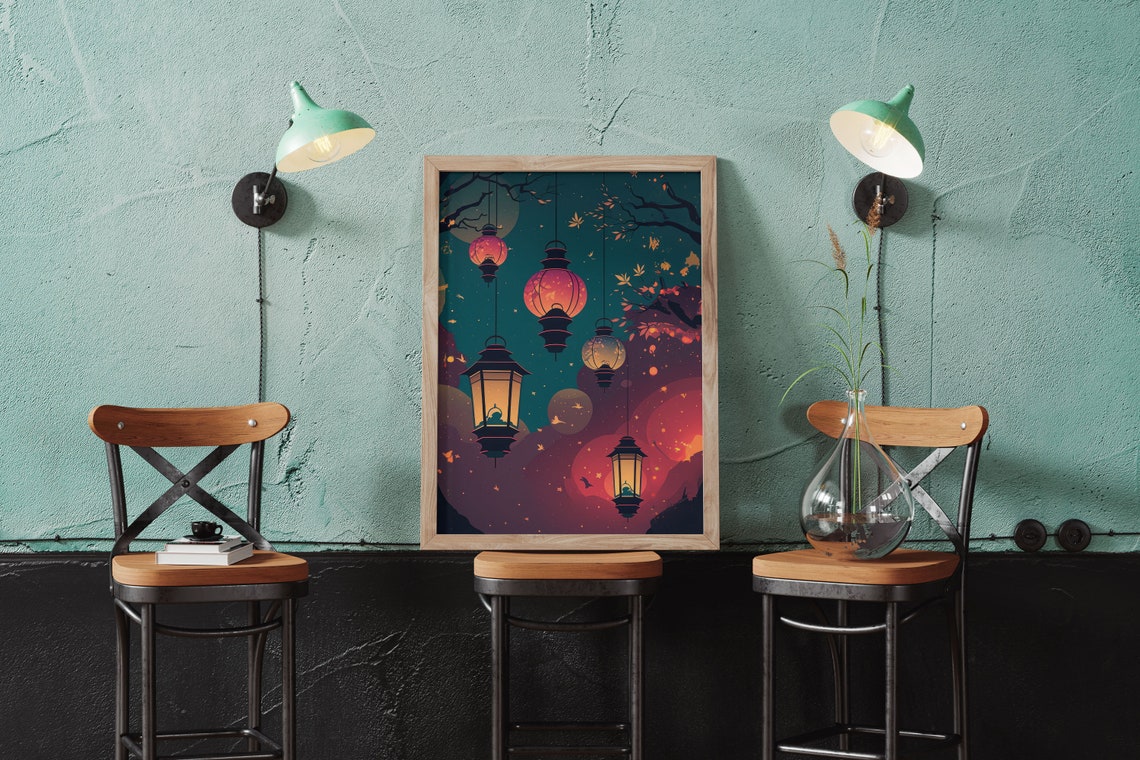 Japanese Night Lanterns Teal Sky Glowing Cozy Eastern Scene Wall Art - Image 2