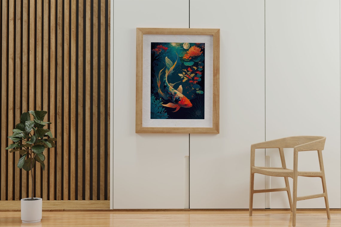 Orange Koi Fish Moonlit Lotus Pond Japanese Style Artwork Poster - Image 3