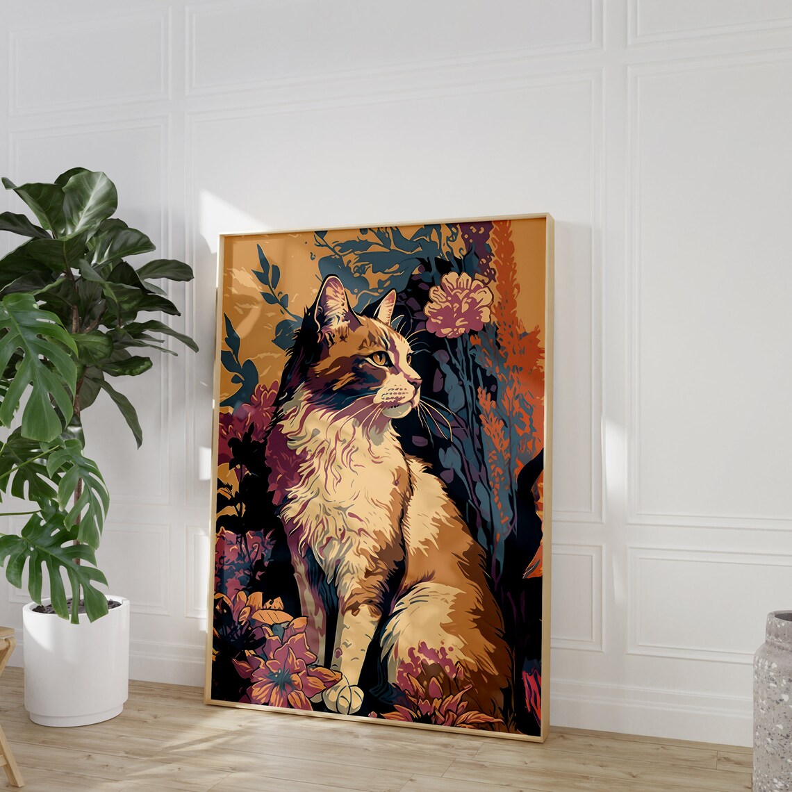 Calico Cat Sitting In Flowers Autumn Garden Scene Portrait Poster - Image 2