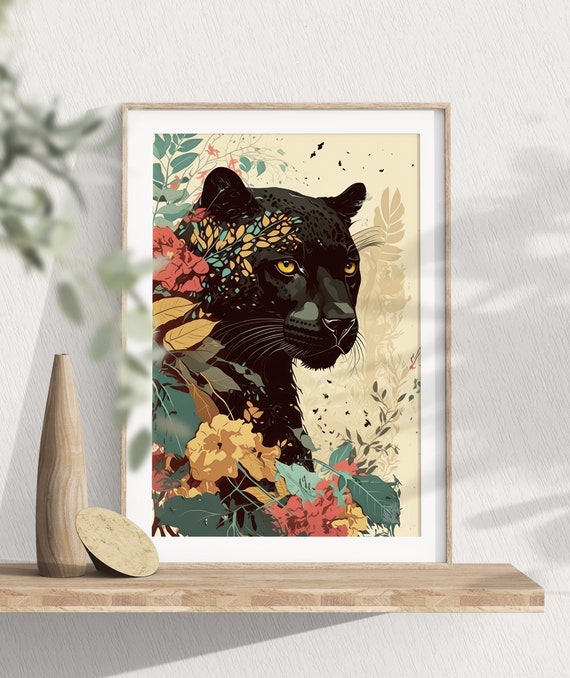 Modern Black Jaguar Poster Minimalist Jungle Artwork Prints Rainforest Art Deco