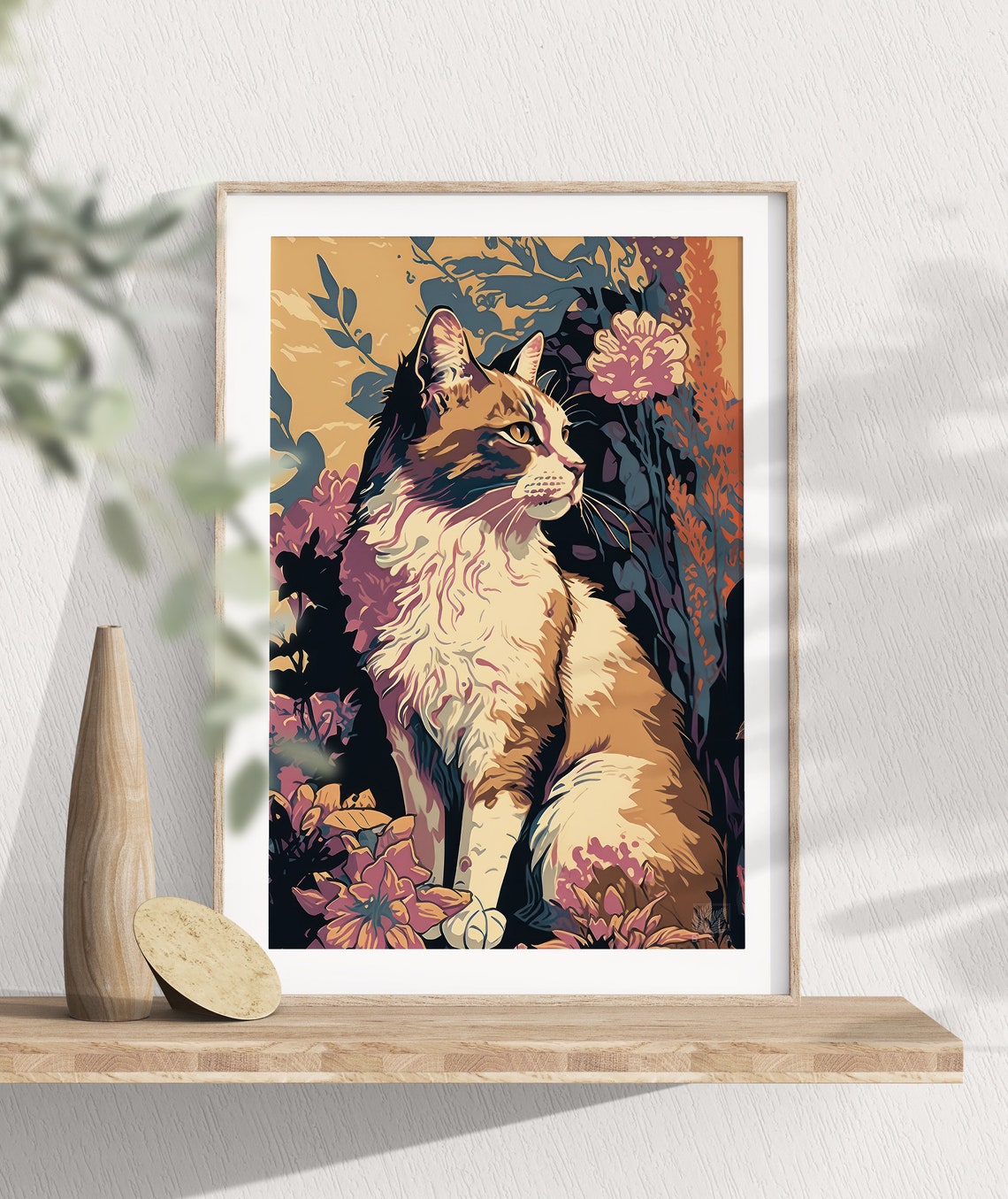 Calico Cat Sitting In Flowers Autumn Garden Scene Portrait Poster - Image 3