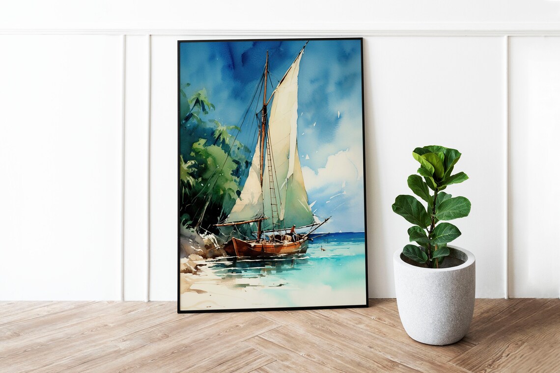 Classic Wooden Sailboat Anchored Tropical Cove Watercolor Poster - Image 2