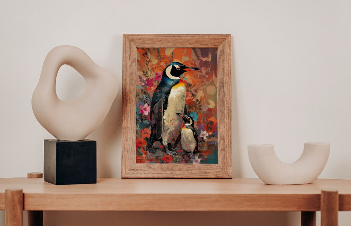 Gentoo Penguins Pair Poster Floral Garden Impressionist Bird Decor - Image 2