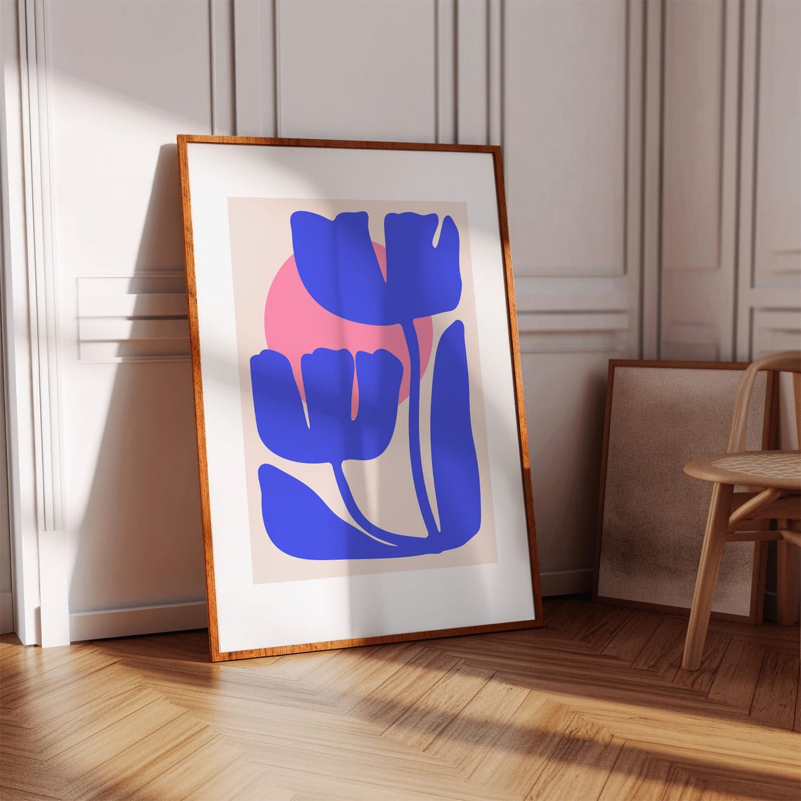 Cobalt Blue Abstract Flowers With Pink Sun Boho Botanical Poster - Image 4