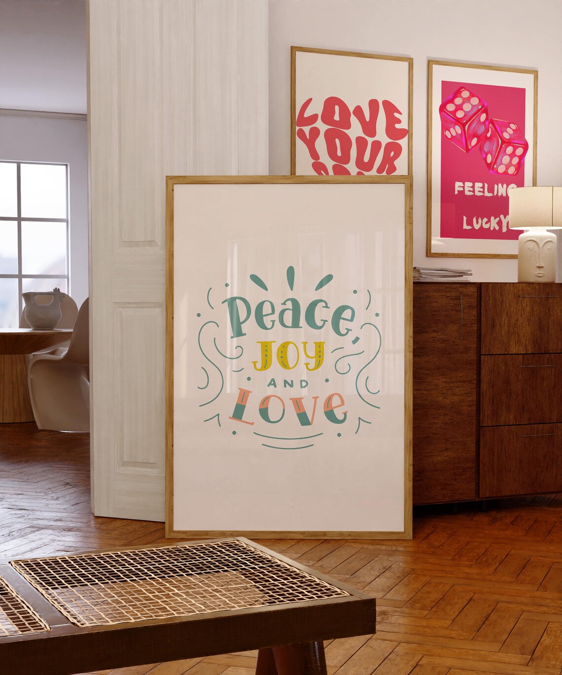 Peace Joy and Love Hand Lettered Retro Quote Affirmation Poster