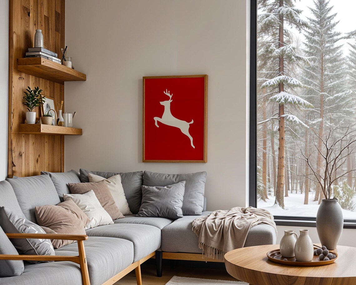 White Reindeer Silhouette on Red Modern Minimalist Christmas Poster - Image 4