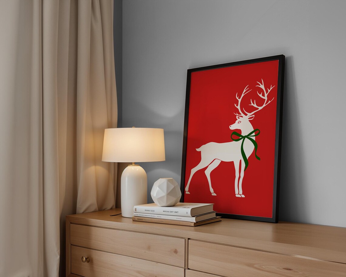 White Deer Green Bow Silhouette Bold Red Christmas Art Poster - Image 3