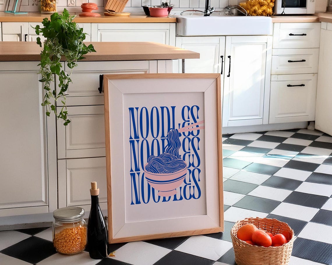 Noodles Blue Retro Typography Illustrated Ramen Bowl Art Poster - Image 3