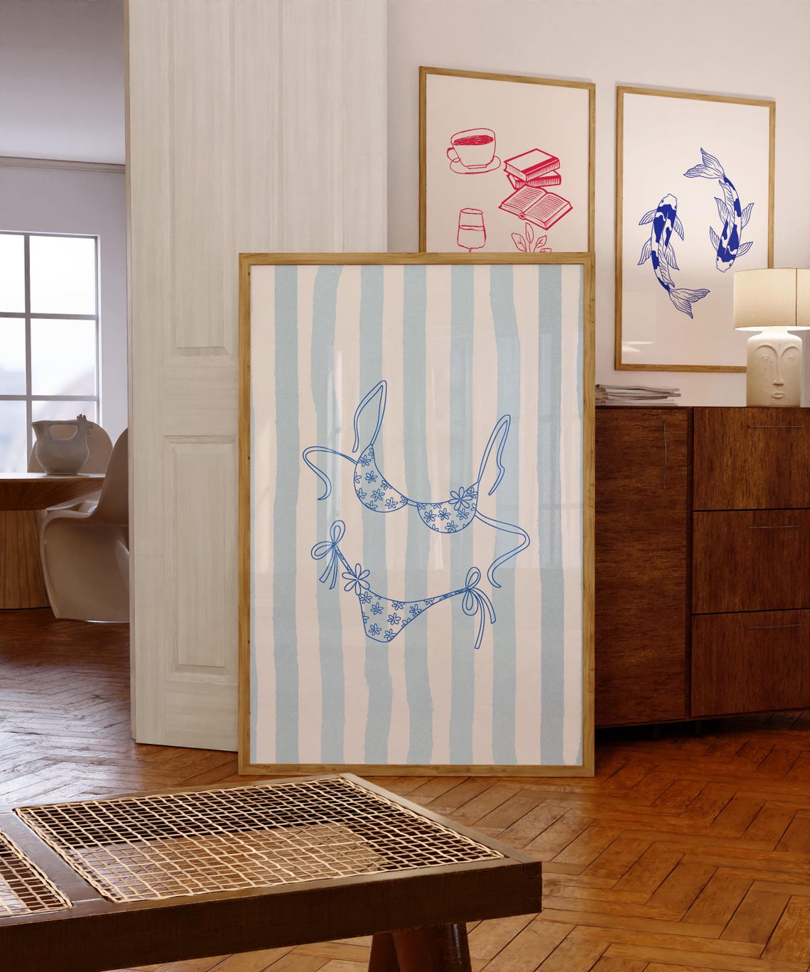 Blue Floral Bikini Line Art on Striped Coastal Summer Poster