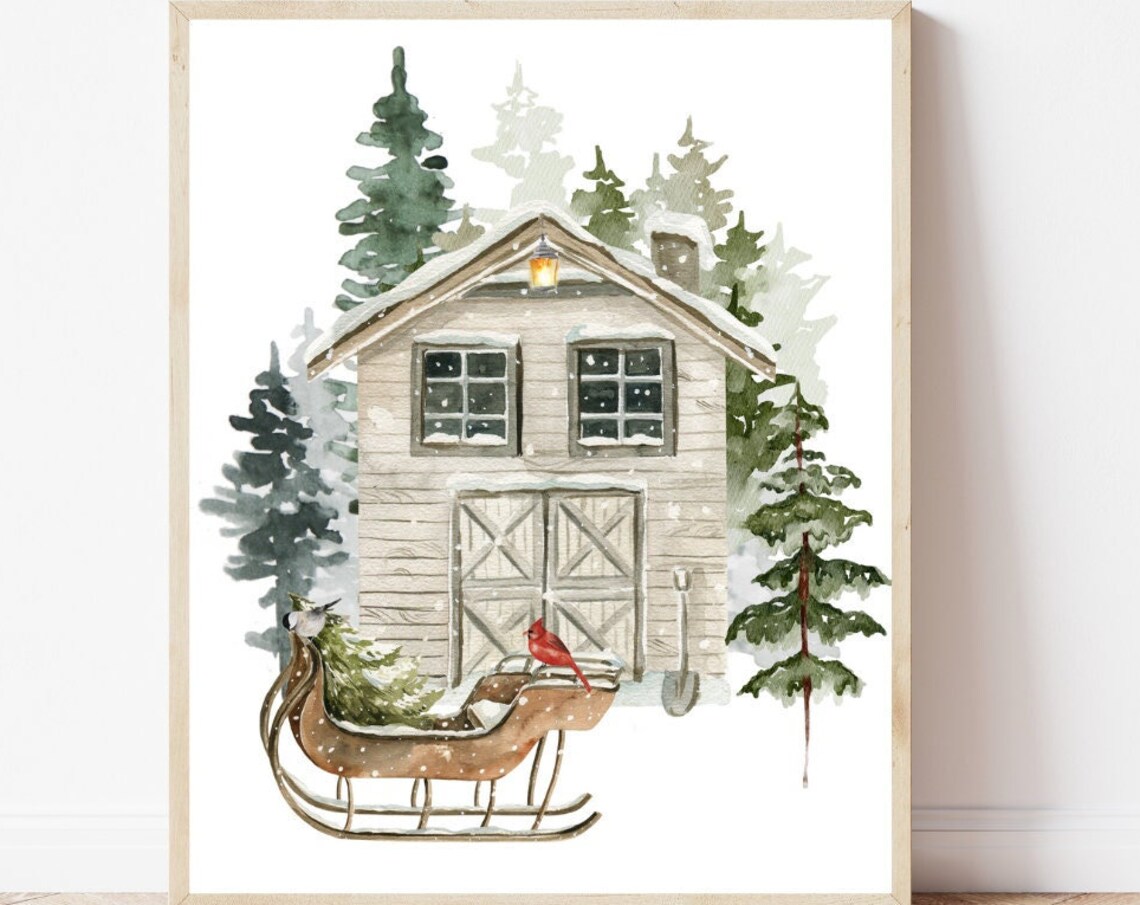 Winter Barn Christmas Wall Art Print, Farmhouse