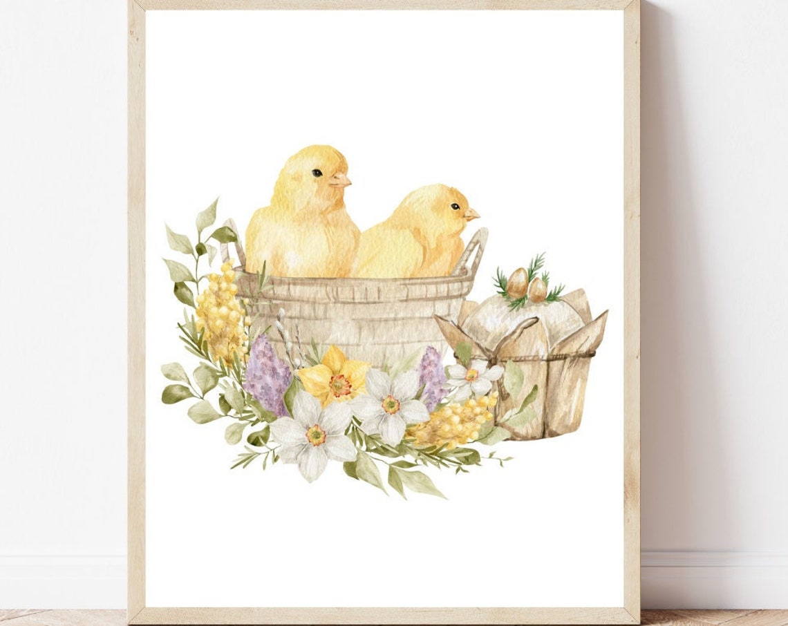 Baby Chicks Easter Basket Spring Flowers Watercolor Art Poster