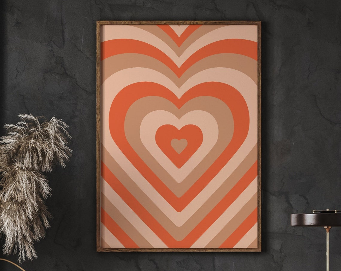 Warm Retro Orange Concentric Hearts Groovy Vintage Art Poster