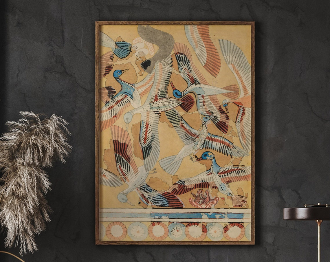 Stylized Flying Ducks Poster Ancient Fresco Inspired Bird Pattern Art