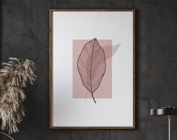 Single Leaf Line Art Dusty Pink Minimal Modern Boho Botanical Poster