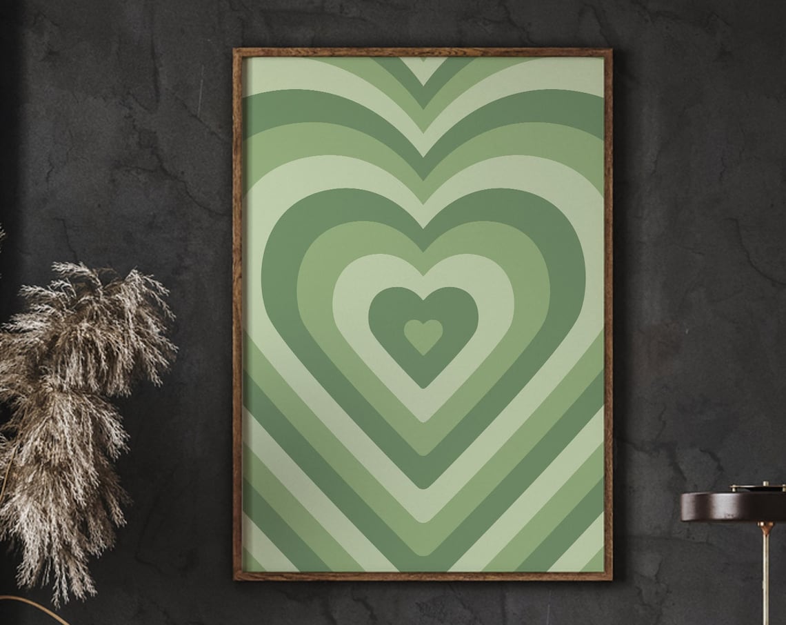 Green Heart Print, Retro Psychedelic Poster